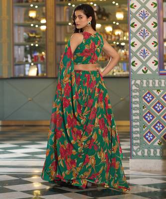 Women's Marble Floral Print Flared Lehenga Choli Set 3