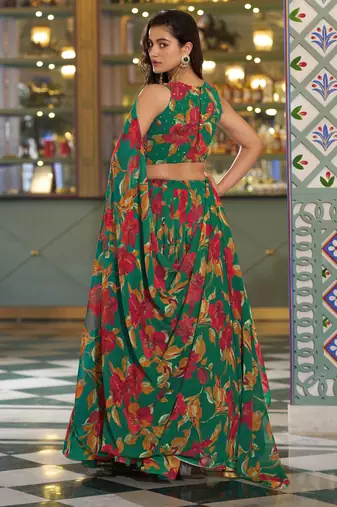Women's Marble Floral Print Flared Lehenga Choli Set