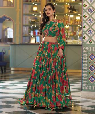 Women's Marble Floral Print Flared Lehenga Choli Set 4