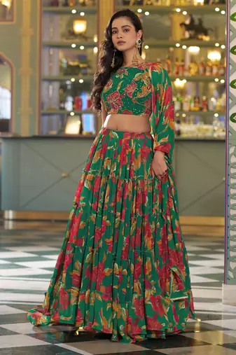 Women's Marble Floral Print Flared Lehenga Choli Set