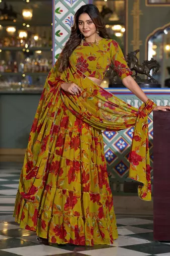 Women's Marble Floral Print Flared Lehenga Choli Set