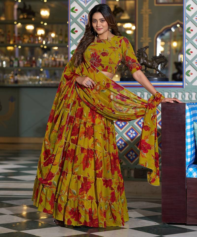 Women's Marble Floral Print Flared Lehenga Choli Set