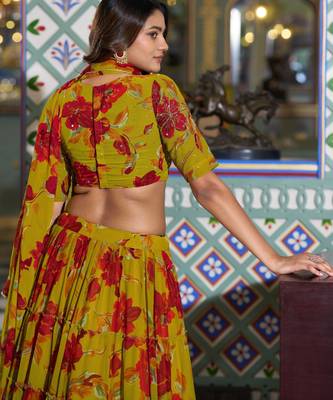 Women's Marble Floral Print Flared Lehenga Choli Set 3