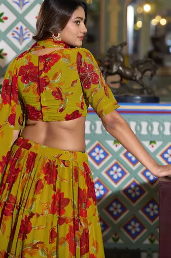 Women's Marble Floral Print Flared Lehenga Choli Set