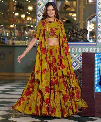 Women's Marble Floral Print Flared Lehenga Choli Set 4