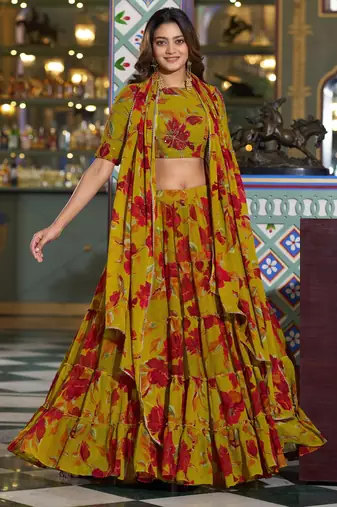 Women's Marble Floral Print Flared Lehenga Choli Set