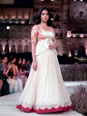 Women Chocolate Sequined Silk Indo Western Lehenga & Jacket Set 5