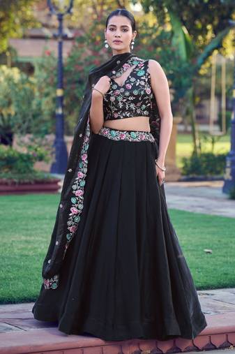 Fendi Black Sequins & Multi-Thread Floral Embroidery Lehenga Choli