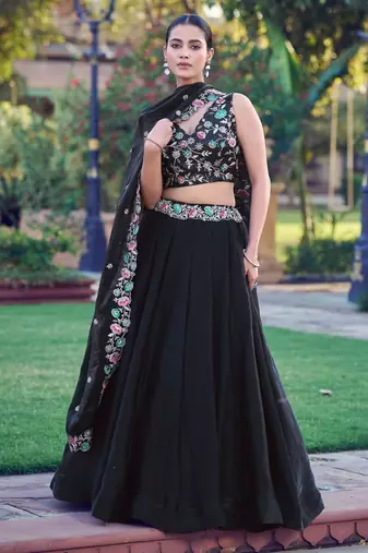 Fendi Black Sequins & Multi-Thread Floral Embroidery Lehenga Choli