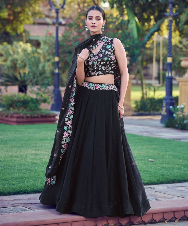 Fendi Black Sequins & Multi-Thread Floral Embroidery Lehenga Choli