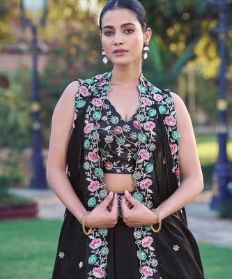 Fendi Black Sequins & Multi Thread Floral Embroidery Lehenga Choli 2