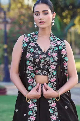 Fendi Black Sequins & Multi Thread Floral Embroidery Lehenga Choli