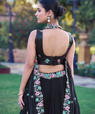 Fendi Black Sequins & Multi Thread Floral Embroidery Lehenga Choli 3
