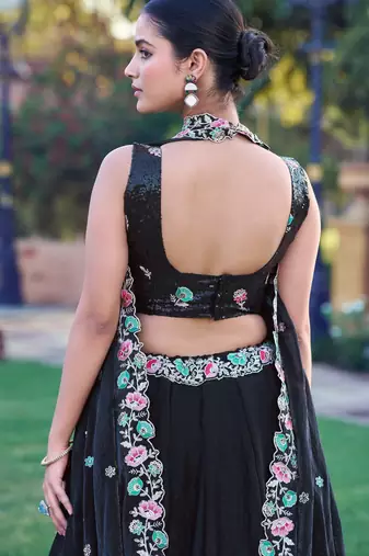 Fendi Black Sequins & Multi Thread Floral Embroidery Lehenga Choli