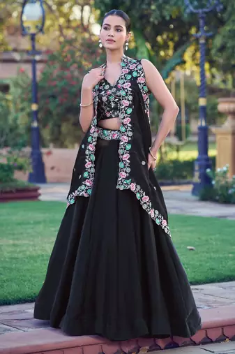 Fendi Black Sequins & Multi Thread Floral Embroidery Lehenga Choli