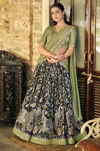 Printed Tussar Silk Lehenga Choli with Intricate Lace Work