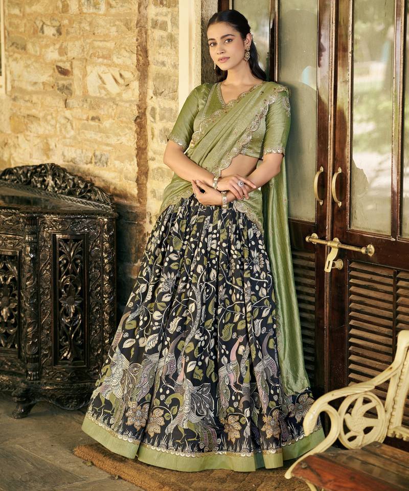 Printed Tussar Silk Lehenga Choli with Intricate Lace Work