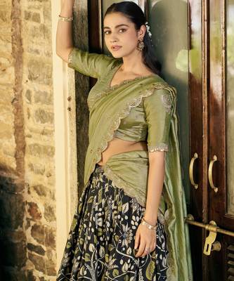 Printed Tussar Silk Lehenga Choli with Intricate Lace Work 2