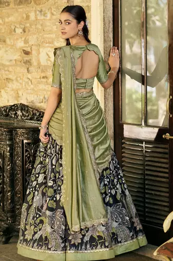 Printed Tussar Silk Lehenga Choli with Intricate Lace Work