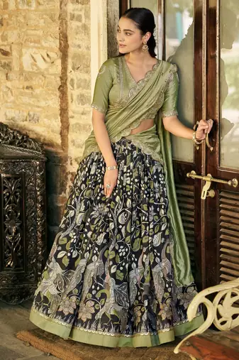 Printed Tussar Silk Lehenga Choli with Intricate Lace Work