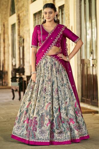 Printed Tussar Silk Lehenga Choli with Intricate Lace Work