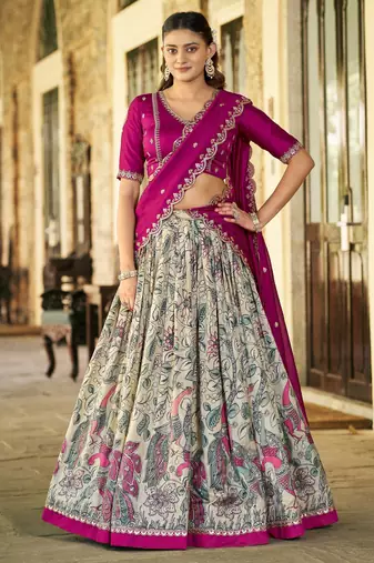 Printed Tussar Silk Lehenga Choli with Intricate Lace Work
