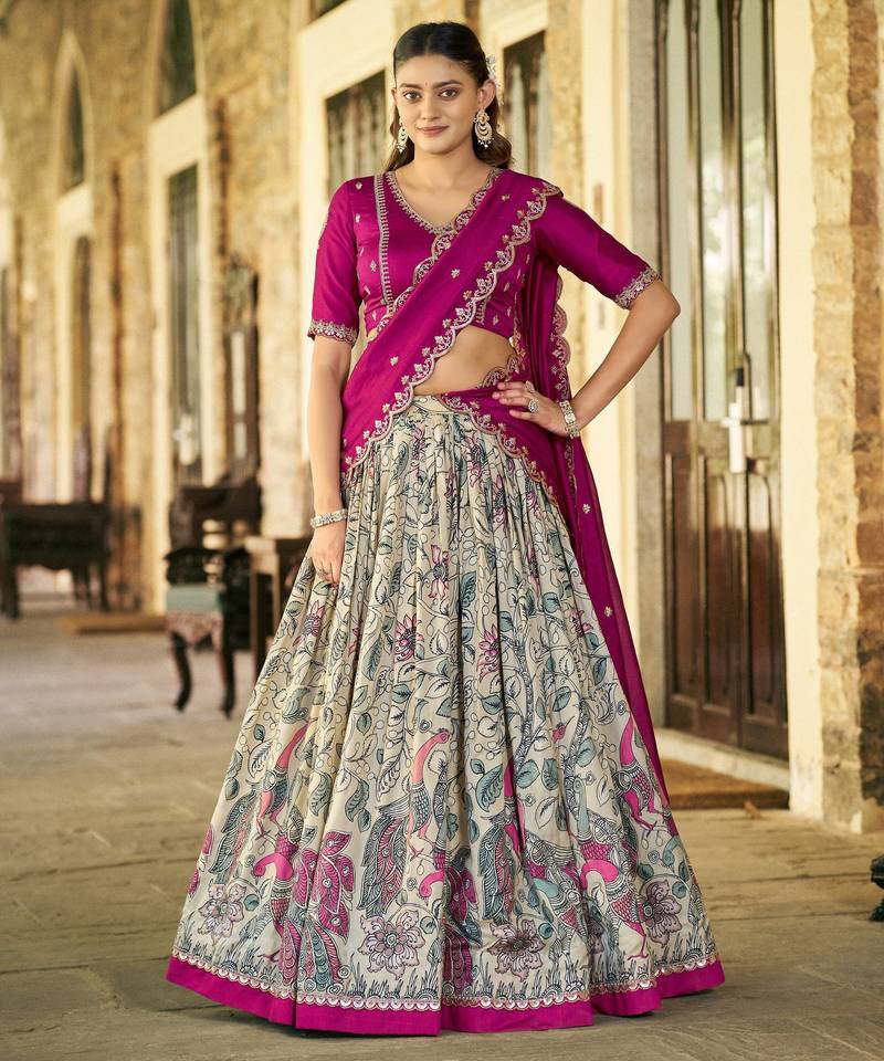 Printed Tussar Silk Lehenga Choli with Intricate Lace Work