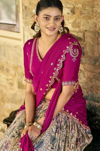 Printed Tussar Silk Lehenga Choli with Intricate Lace Work