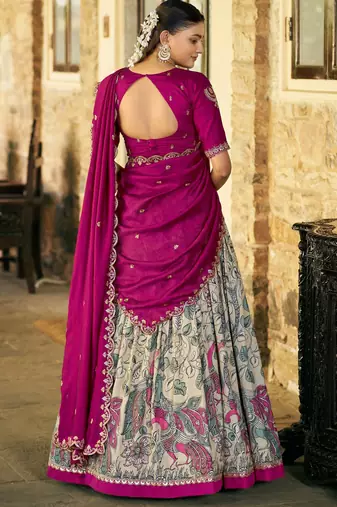 Printed Tussar Silk Lehenga Choli with Intricate Lace Work