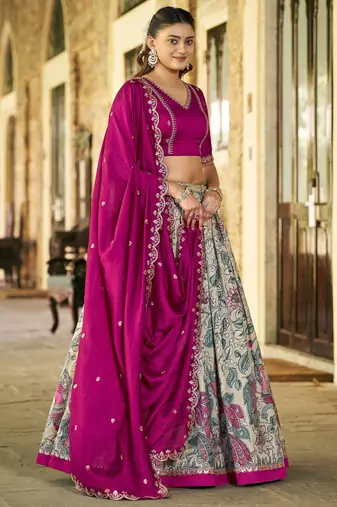 Printed Tussar Silk Lehenga Choli with Intricate Lace Work