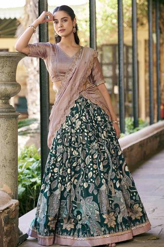 Printed Tussar Silk Lehenga Choli with Intricate Lace Work