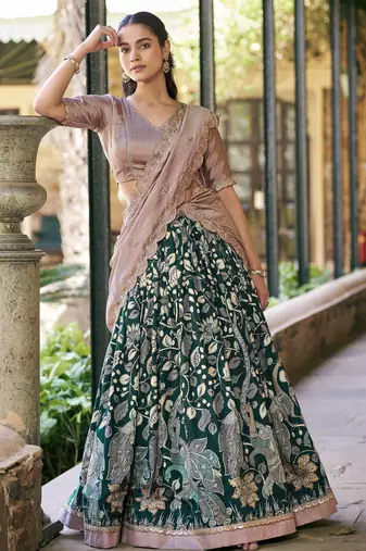 Printed Tussar Silk Lehenga Choli with Intricate Lace Work