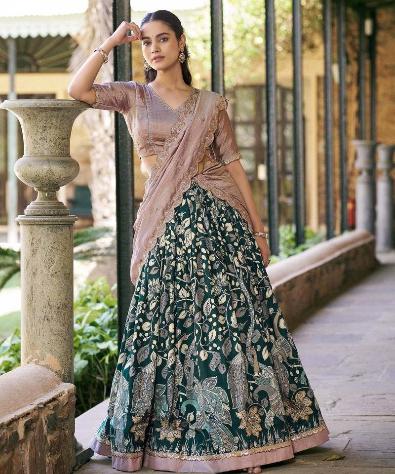 Printed Tussar Silk Lehenga Choli with Intricate Lace Work