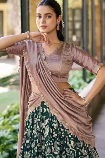 Printed Tussar Silk Lehenga Choli with Intricate Lace Work