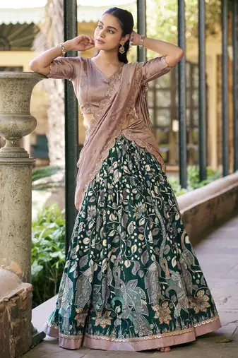 Printed Tussar Silk Lehenga Choli with Intricate Lace Work