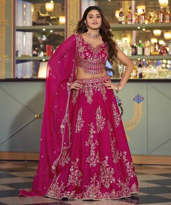 Floral Thread-Work Lehenga with Shimmering Sequins & Lace Border 1