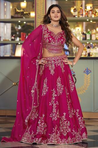Floral Thread-Work Lehenga with Shimmering Sequins & Lace Border