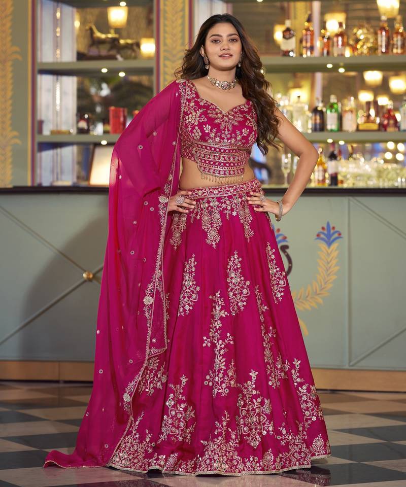 Floral Thread-Work Lehenga with Shimmering Sequins & Lace Border