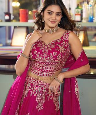 Floral Thread-Work Lehenga with Shimmering Sequins & Lace Border 2
