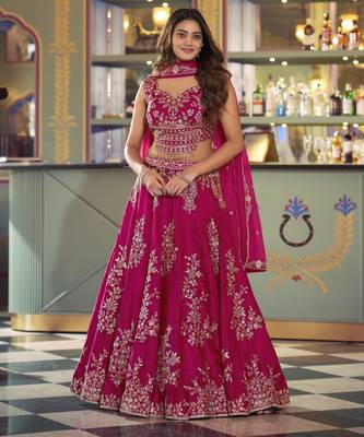 Floral Thread-Work Lehenga with Shimmering Sequins & Lace Border 4