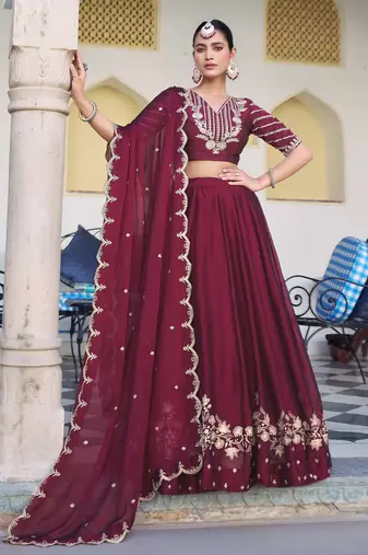 Royal Maroon Rangoli Silk Party Wear Lehenga Choli with Thread Work