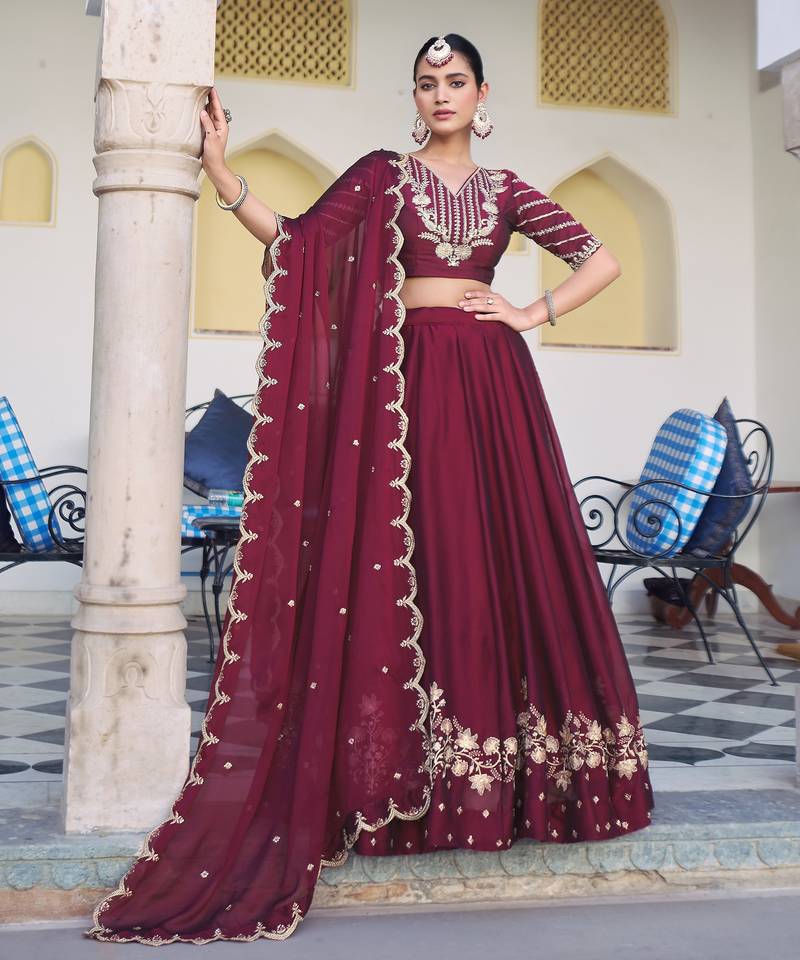 Royal Maroon Rangoli Silk Party Wear Lehenga Choli with Thread Work