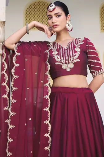 Royal Maroon Rangoli Silk Party Wear Lehenga Choli with Thread Work