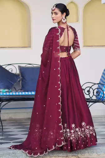 Royal Maroon Rangoli Silk Party Wear Lehenga Choli with Thread Work