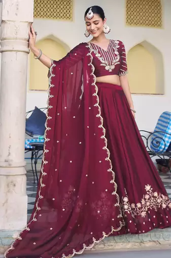 Royal Maroon Rangoli Silk Party Wear Lehenga Choli with Thread Work