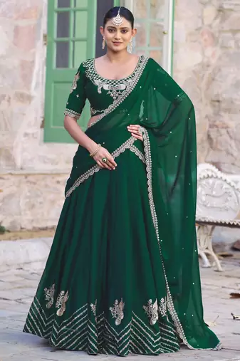 Emerald Green Rangoli Silk Embroidered Lehenga with Scalloped Border