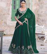 Emerald Green Rangoli Silk Embroidered Lehenga with Scalloped Border