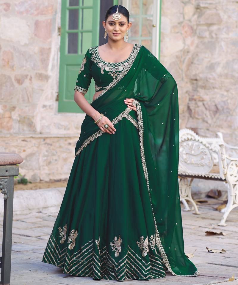 Emerald Green Rangoli Silk Embroidered Lehenga with Scalloped Border
