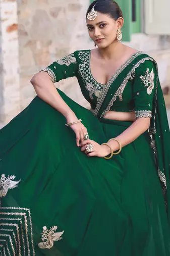 Emerald Green Rangoli Silk Embroidered Lehenga with Scalloped Border