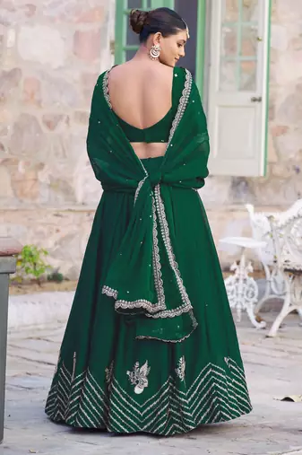 Emerald Green Rangoli Silk Embroidered Lehenga with Scalloped Border